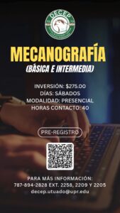 Promocion Curso de mecanografía básica e intermedia DECEP Utuado