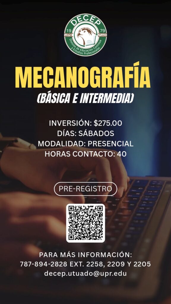 Promocion Curso de mecanografía básica e intermedia DECEP Utuado